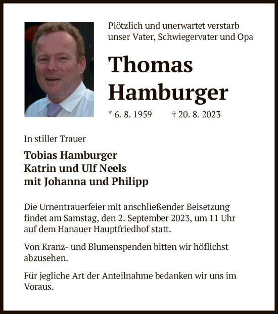 Traueranzeige von Thomas Hamburger von OF