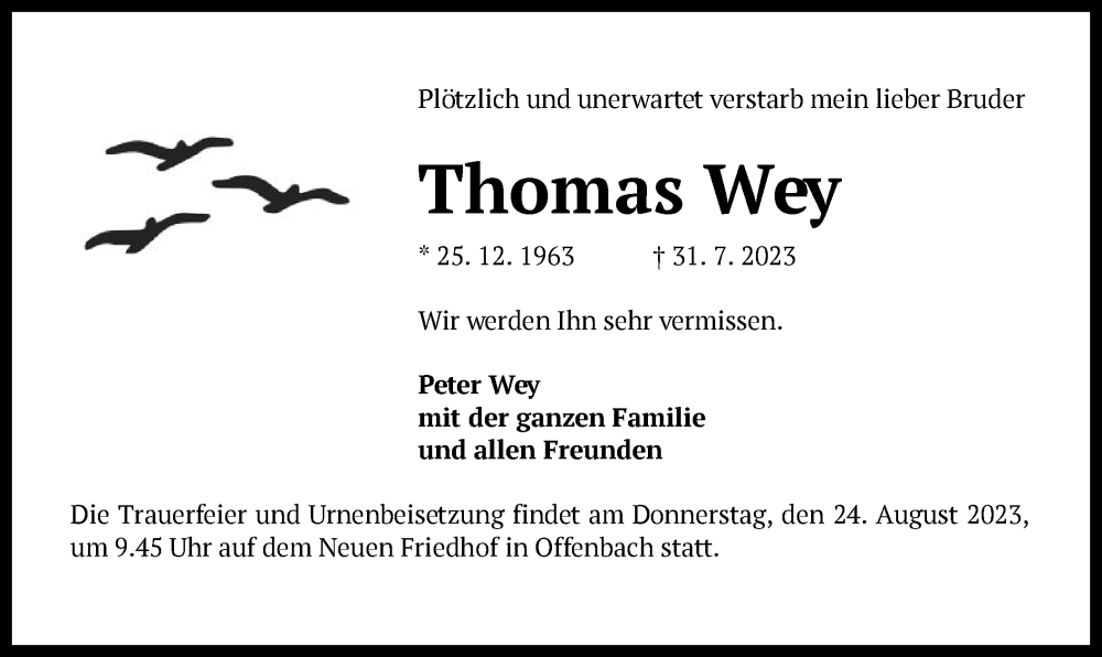  Traueranzeige für Thomas Wey vom 19.08.2023 aus OF