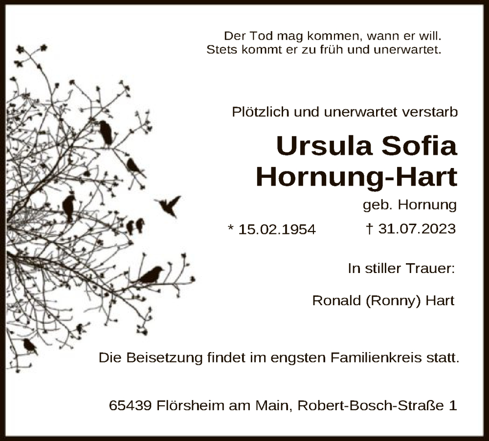  Traueranzeige für Ursula Sofia Hornung-Hart vom 03.08.2023 aus OF