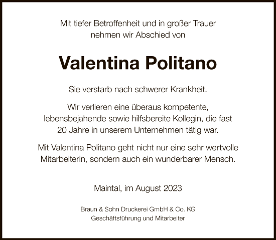 Traueranzeige von Valentina Politano von OF