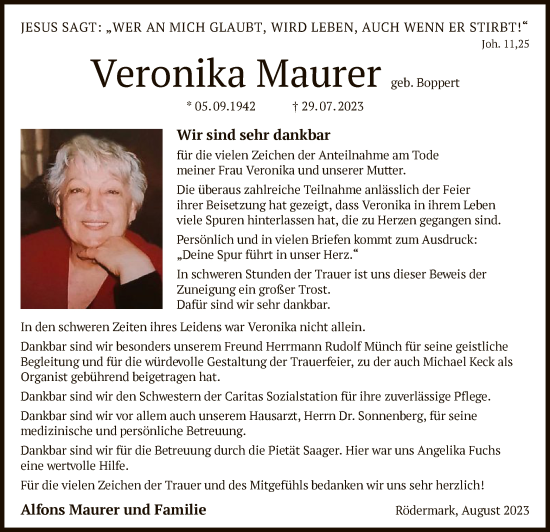 Traueranzeige von Veronika Maurer von OF