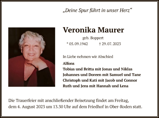 Traueranzeige von Veronika Maurer von OF