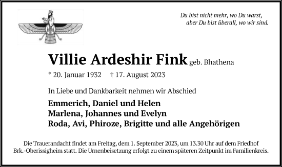 Traueranzeige von Villie Ardeshir Fink von OF