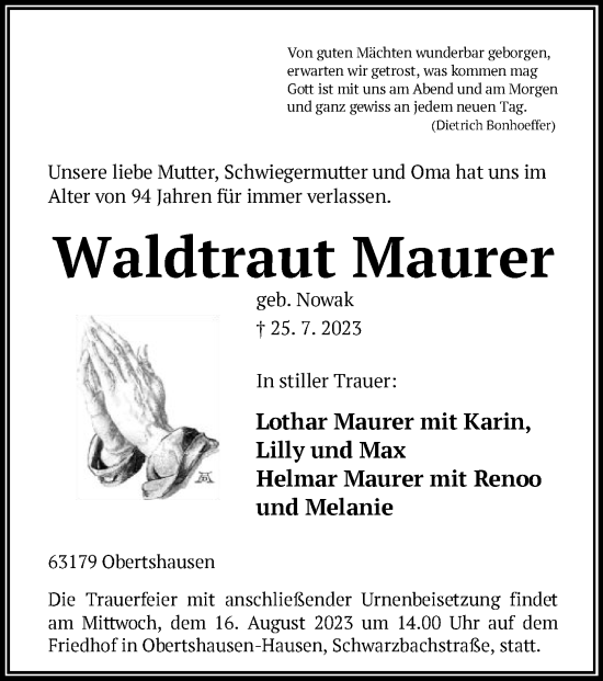 Traueranzeige von Waldtraut Maurer von OF