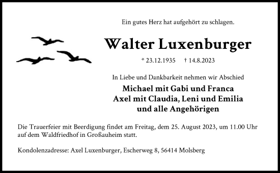 Traueranzeige von Walter Luxenburger von OF