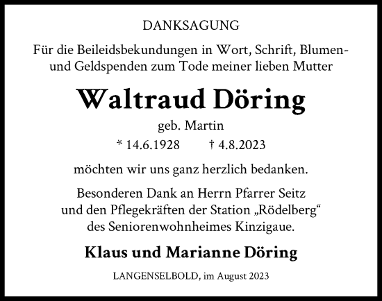 Traueranzeige von Waltraud Döring von OF