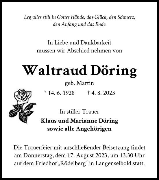 Traueranzeige von Waltraud Döring von OF