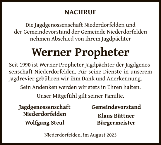 Traueranzeige von Werner Propheter von OF