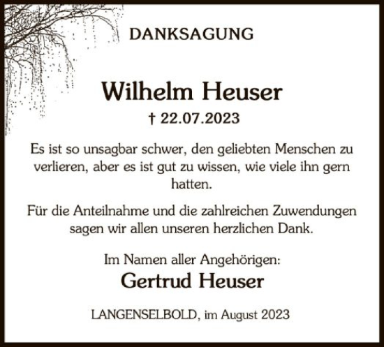 Traueranzeige von Wilhelm Heuser von OF