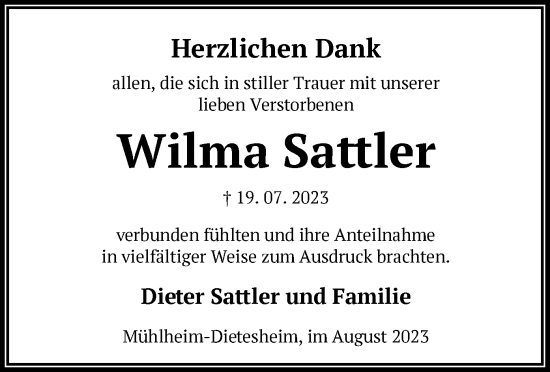 Traueranzeige von Wilma Sattler von OF