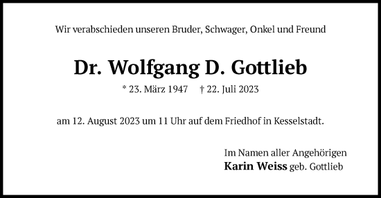 Traueranzeige von Wolfgang D. Gottlieb von OF