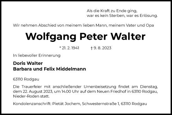 Traueranzeige von Wolfgang Peter Walter von OF