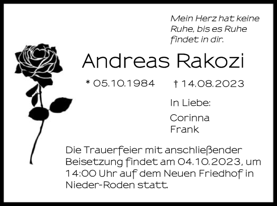 Traueranzeige von Andreas Rakozi von OF