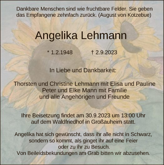 Traueranzeige von Angelika Lehmann von OF