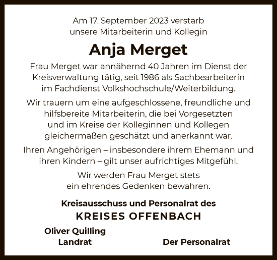 Traueranzeige von Anja Merget von OF