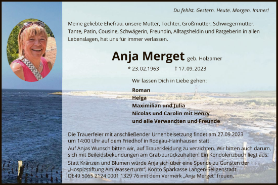 Traueranzeige von Anja Merget von OF