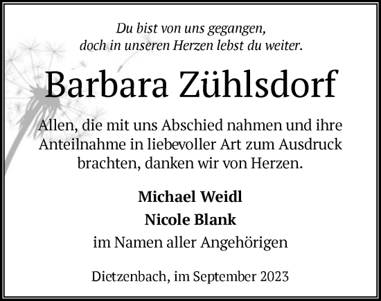 Traueranzeige von Barbara Zühlsdorf von OF