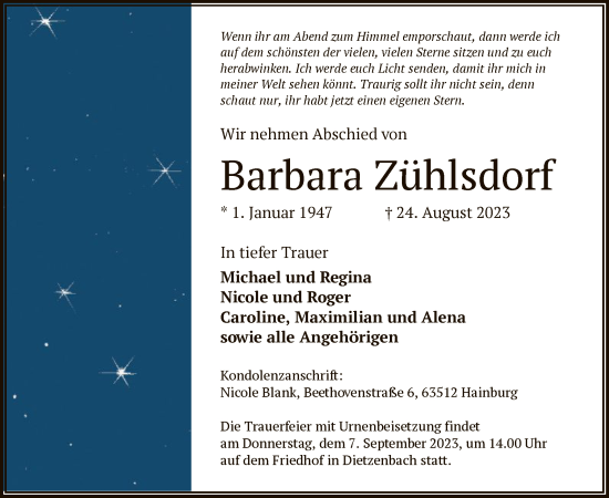 Traueranzeige von Barbara Zühlsdorf von OF