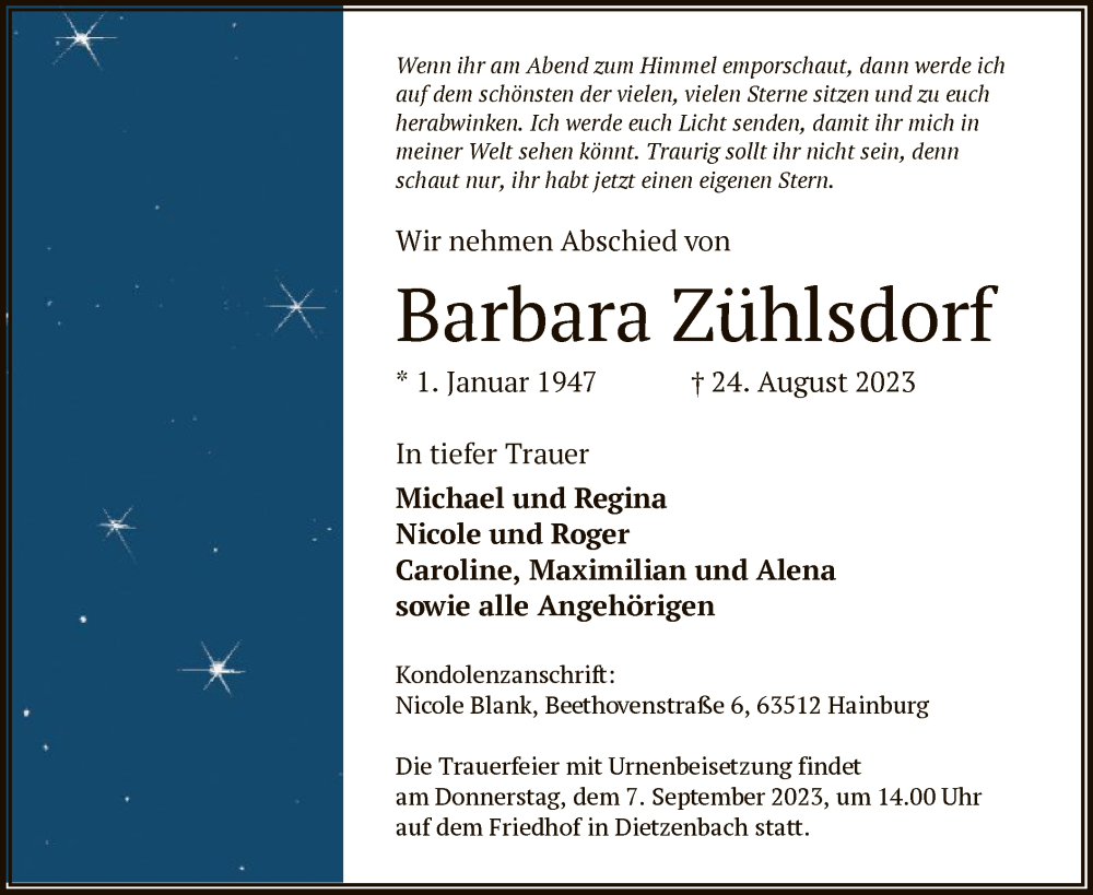  Traueranzeige für Barbara Zühlsdorf vom 02.09.2023 aus OF