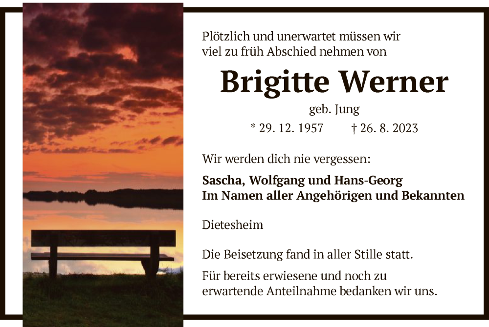  Traueranzeige für Brigitte Werner vom 16.09.2023 aus OF