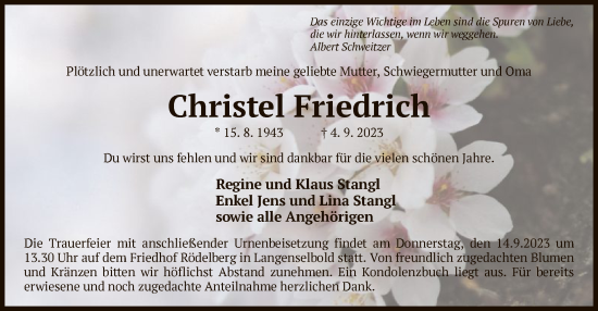 Traueranzeige von Christel Friedrich von OF