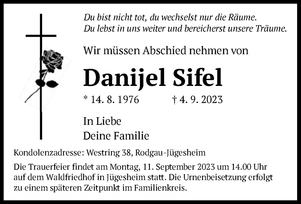  Traueranzeige für Danijel Sifel vom 09.09.2023 aus OF