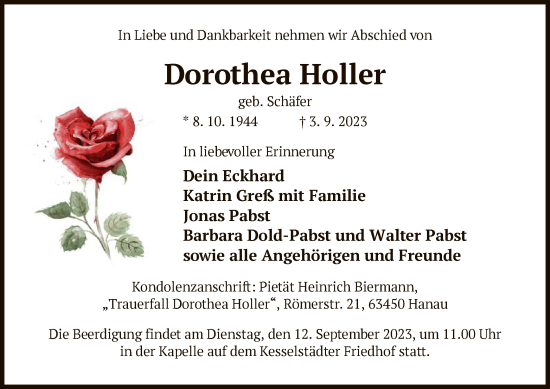 Traueranzeige von Dorothea Holler von OF