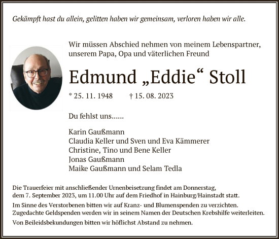 Traueranzeige von Edmund Stoll von OF