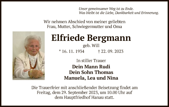 Traueranzeige von Elfriede Bergmann von OF