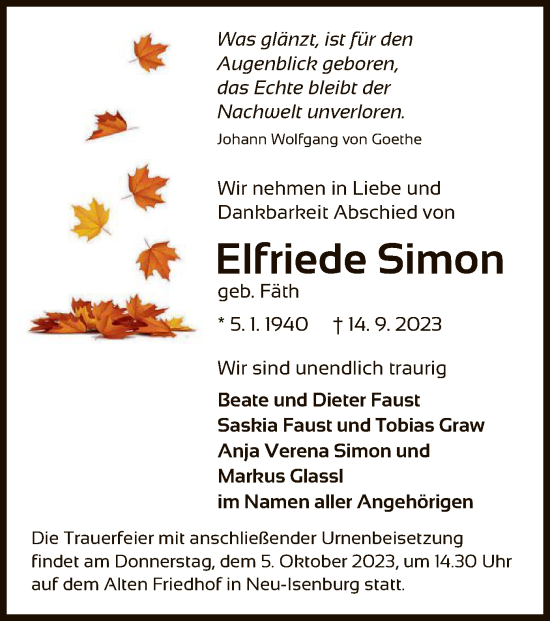 Traueranzeige von Elfriede Simon von OF