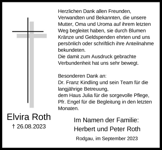 Traueranzeige von Elvira Roth von OF