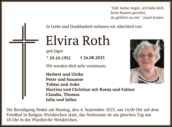 Traueranzeige von Elvira Roth von OF