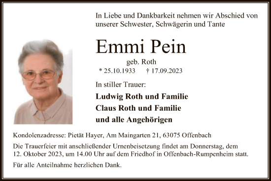 Traueranzeige von Emmi Pein von OF