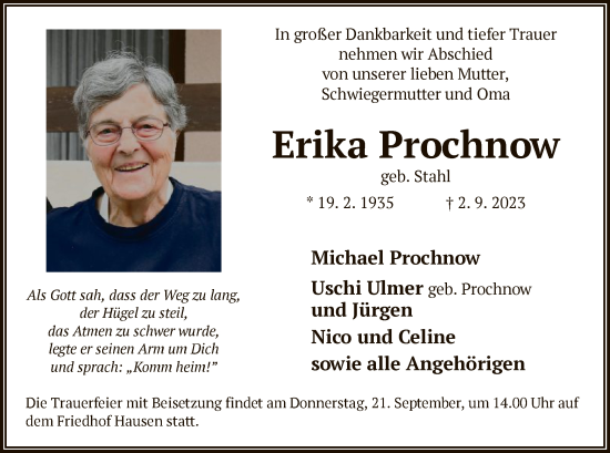 Traueranzeige von Erika Prochnow von OF