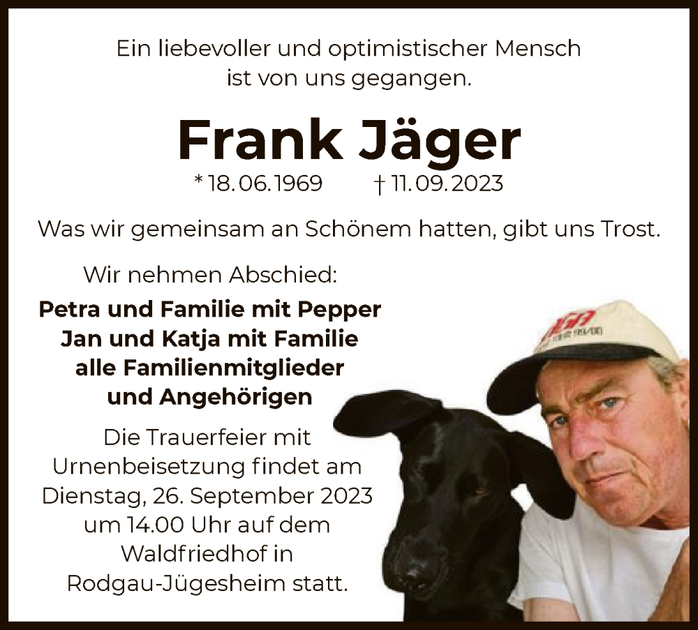  Traueranzeige für Frank Jäger vom 23.09.2023 aus OF