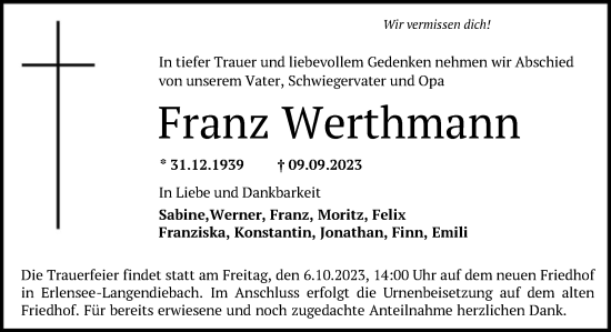 Traueranzeige von Franz Werthmann von OF