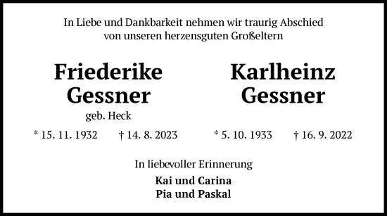 Traueranzeige von Friederike und Karlheinz Gessner von OF