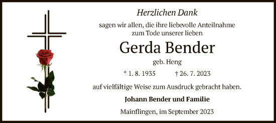 Traueranzeige von Gerda Bender von OF