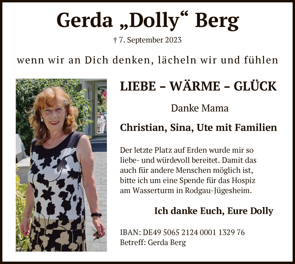  Traueranzeige für Gerda Berg vom 21.09.2023 aus OF