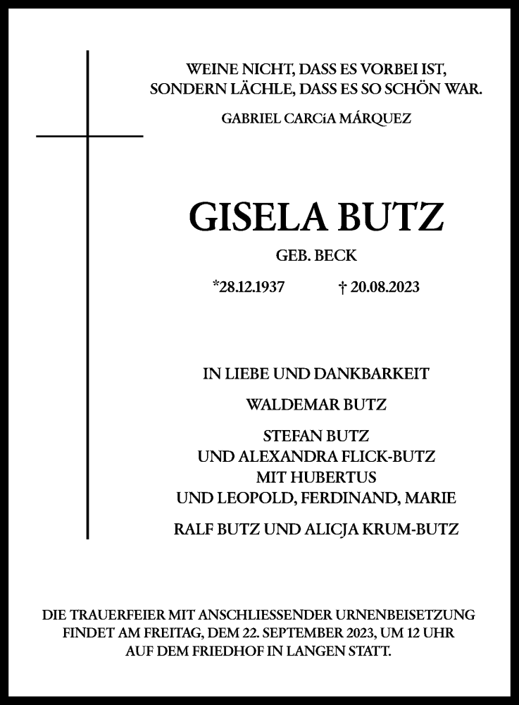  Traueranzeige für Gisela Butz vom 16.09.2023 aus OF