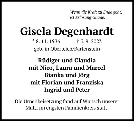 Traueranzeige von Gisela Degenhardt von OF