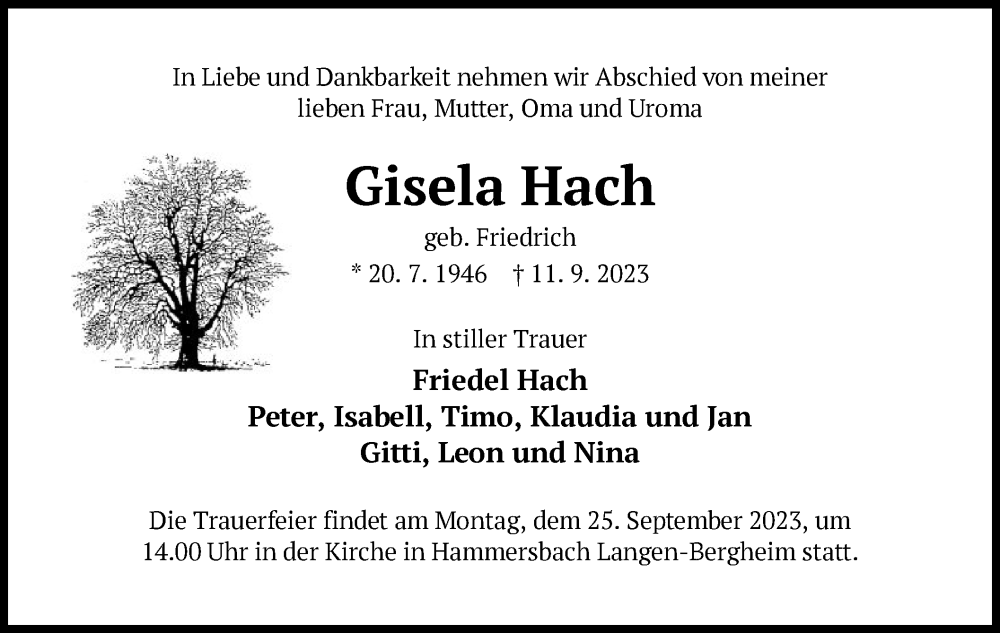  Traueranzeige für Gisela Hach vom 16.09.2023 aus OF
