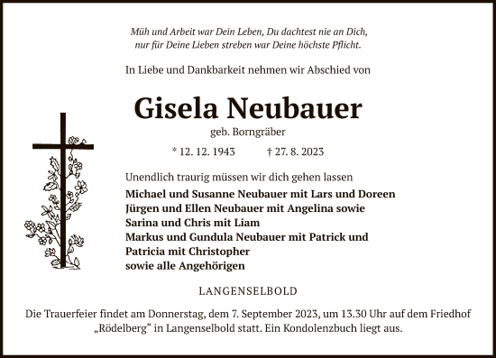 Traueranzeige von Gisela Neubauer von OF