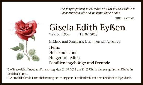 Traueranzeige von Gisela Edith Eyßen von OF