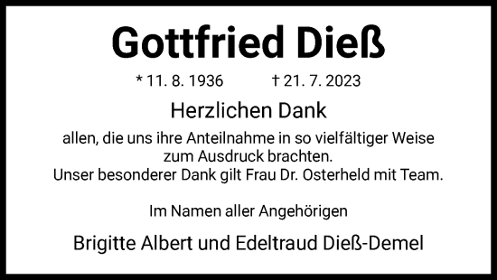 Traueranzeige von Gottfried Dieß von OF