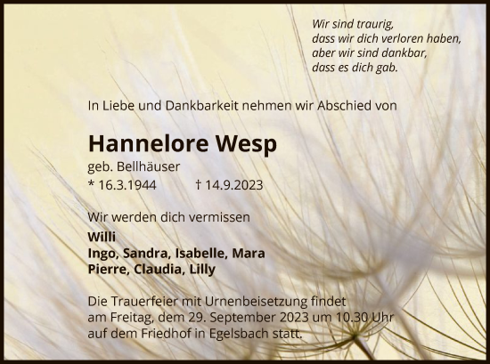 Traueranzeige von Hannelore Wesp von OF