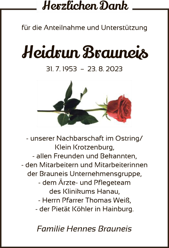 Traueranzeige von Heidrun Brauneis von OF