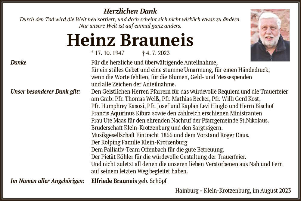  Traueranzeige für Heinz Brauneis vom 02.09.2023 aus OF