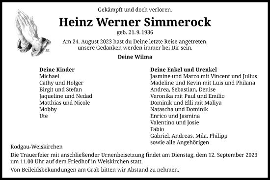 Traueranzeige von Heinz Werner Simmerock von OF