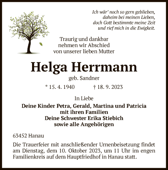 Traueranzeige von Helga Herrmann von OF